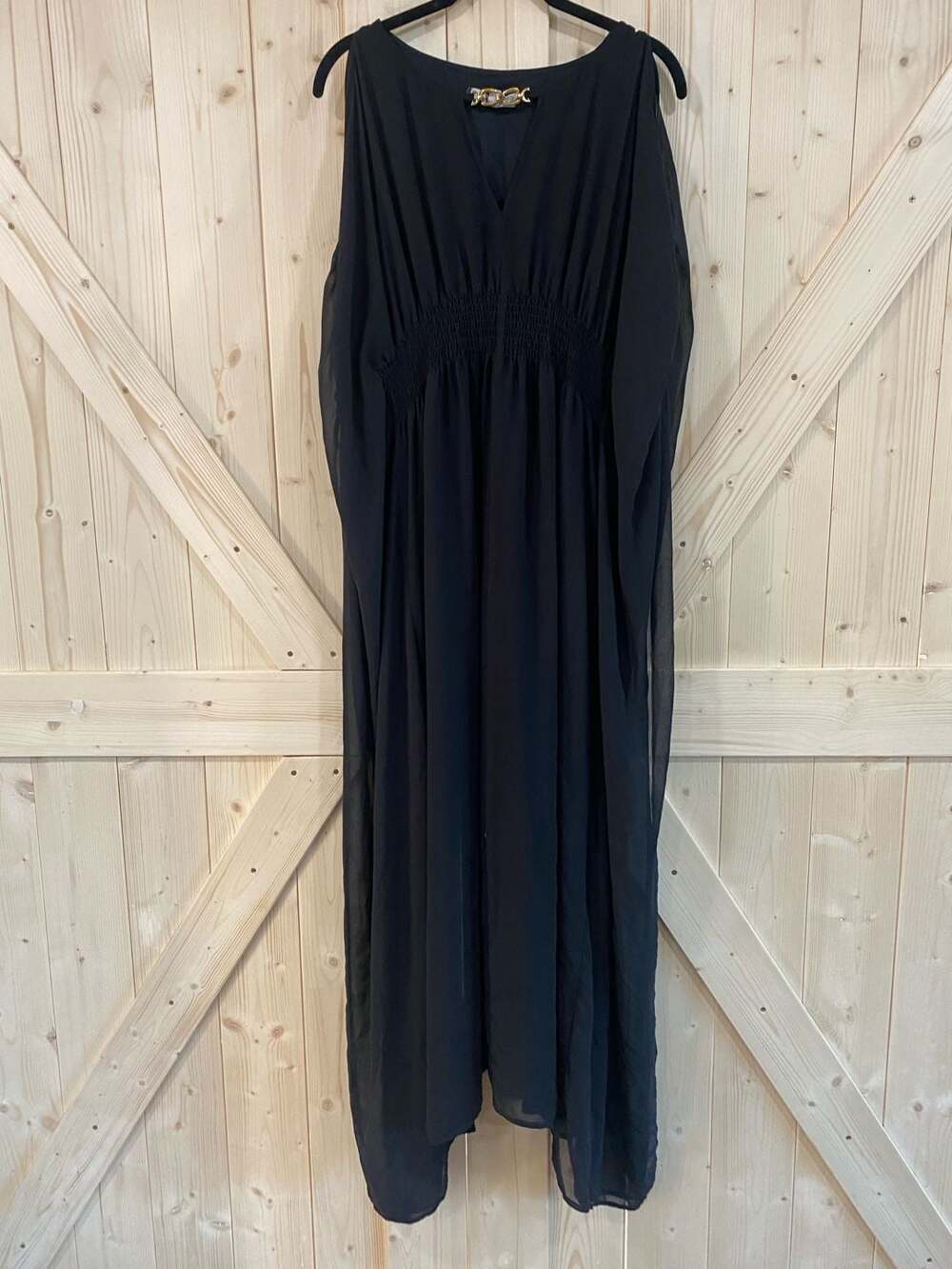 Jennifer Lopez Black Chiffon Maxi Dress with Gold Tone Chain Neck Detail size la